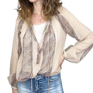 L'Agence Pearl Peasant Silk Blouse in Beige Metallic, Oversized Fit, Beautiful